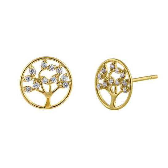 Solid 14K Yellow Gold Tree of Life Diamond Earrings