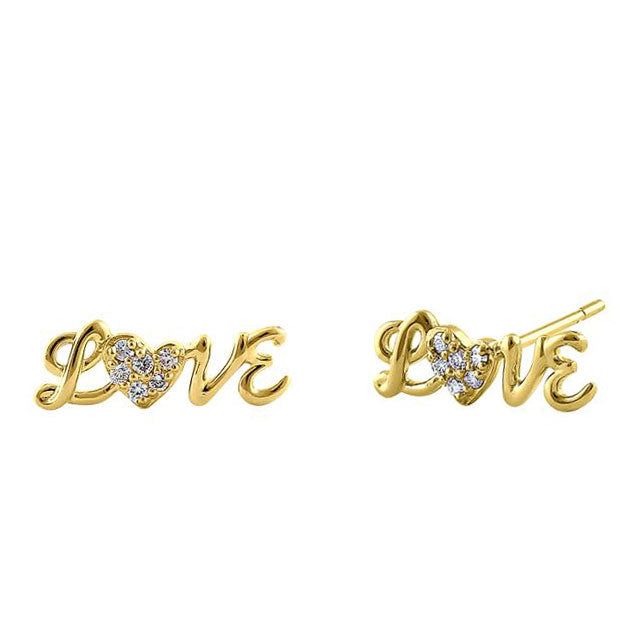 Solid 14K Yellow Gold Love Diamond Earrings