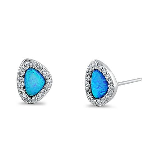 Sterling Silver Blue Lab Opal & Clear CZ Offset Stud Earrings