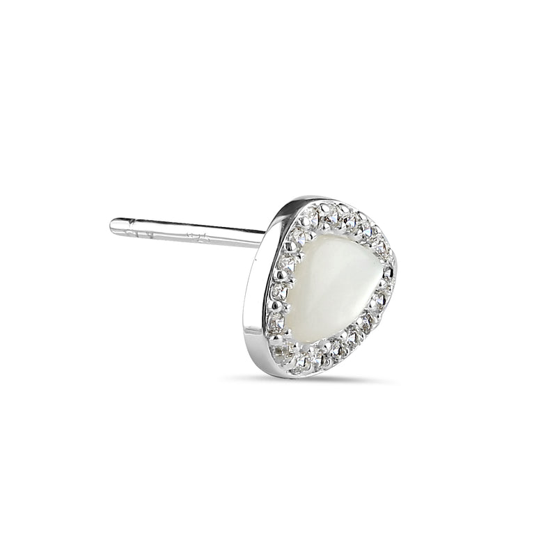 Sterling Silver Mother of Pearl & Clear CZ Offset Stud Earrings