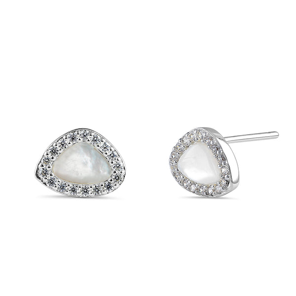 Sterling Silver Mother of Pearl & Clear CZ Offset Stud Earrings