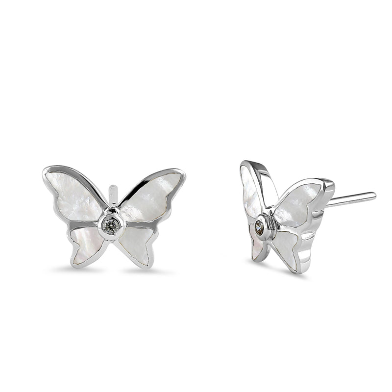 Sterling Silver Mother of Pearl Butterfly CZ Earrings