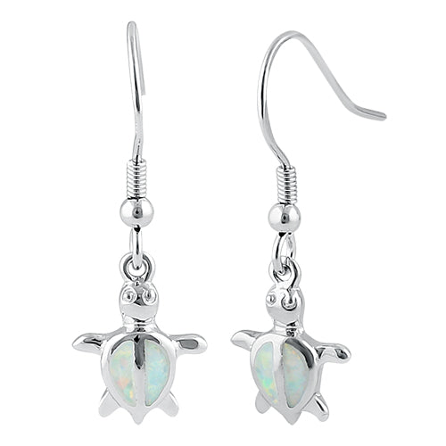 Sterling Silver White Lab Opal Sea Turtle Hook Earrings