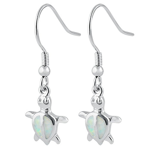 Sterling Silver White Lab Opal Sea Turtle Hook Earrings