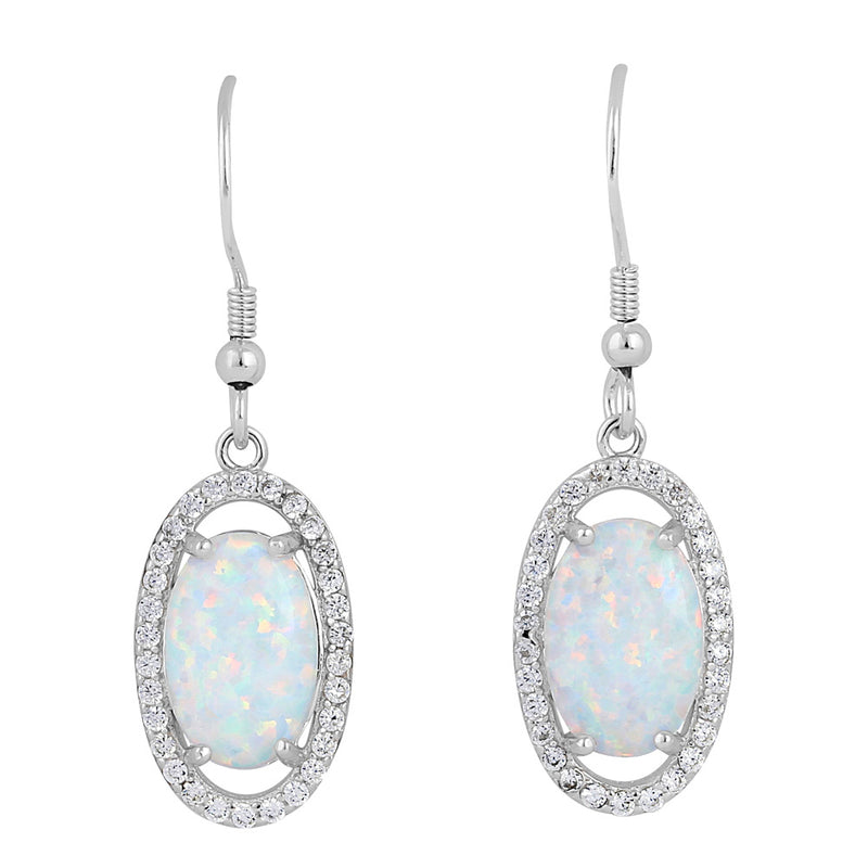 Sterling Silver White Lab Opal & Clear CZ Oval Hook Earrings