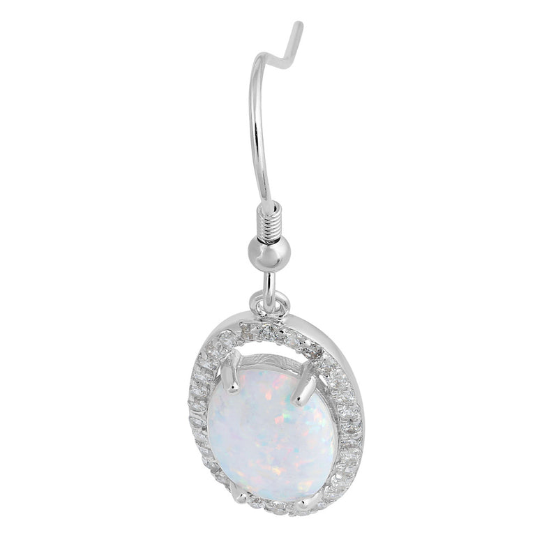 Sterling Silver White Lab Opal & Clear CZ Oval Hook Earrings