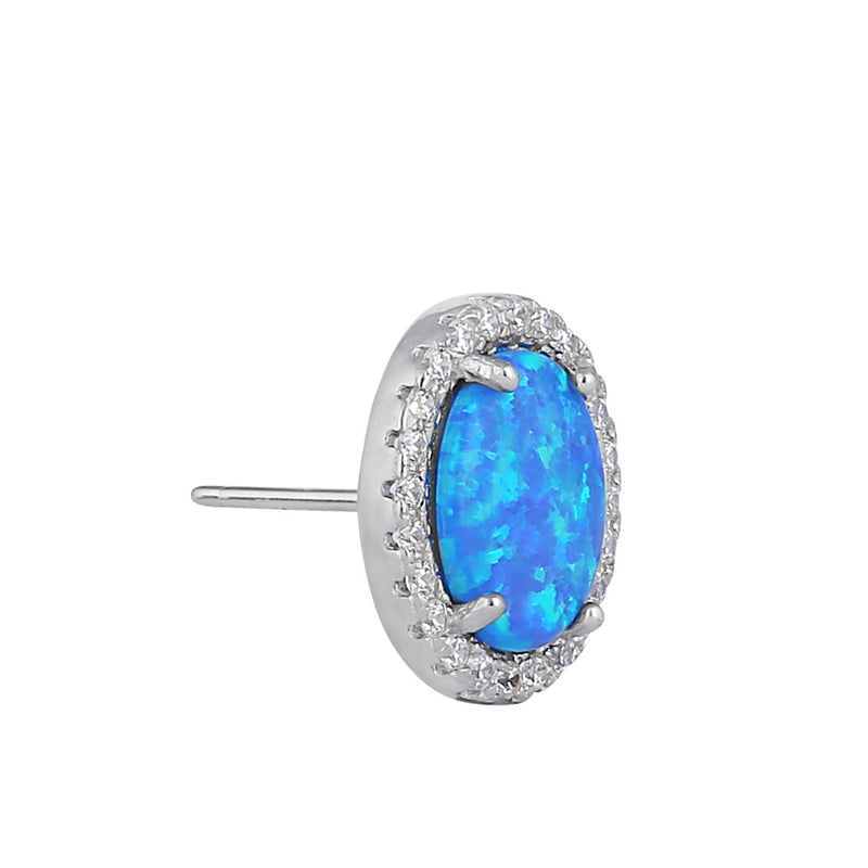 Sterling Silver Blue Lab Opal & Clear CZ Oval Stud Earrings