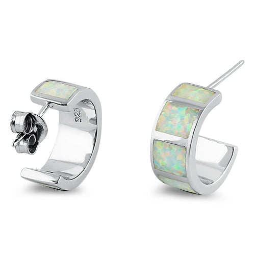 Sterling Silver White Lab Opal Hoop Earrings