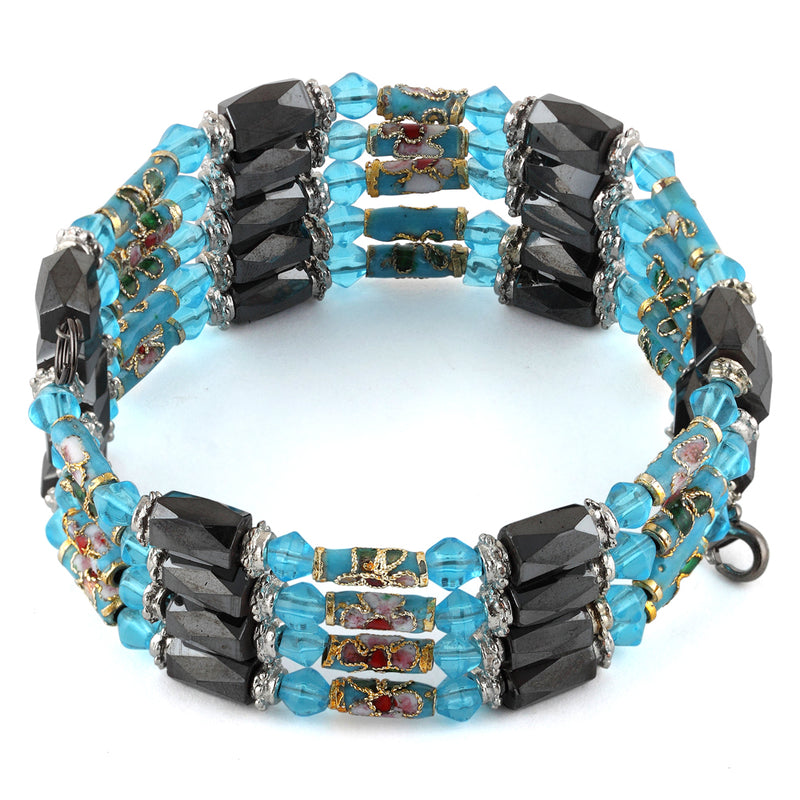 32" Magnetic Hematite Blue Crystal & Cloisonne Wrap Bracelet/Necklace