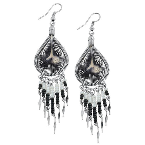 Stainless Steel Peruvian White & Black Silk Thread Beaded Dangle Earrings