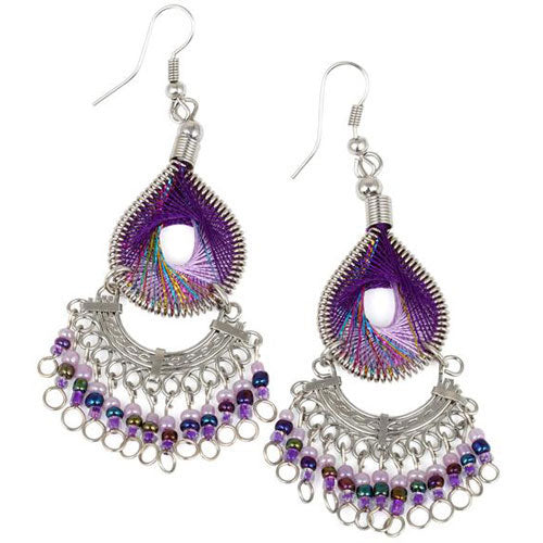 Stainless Steel Peruvian Purple Silk Thread Beaded Dangle Earrings