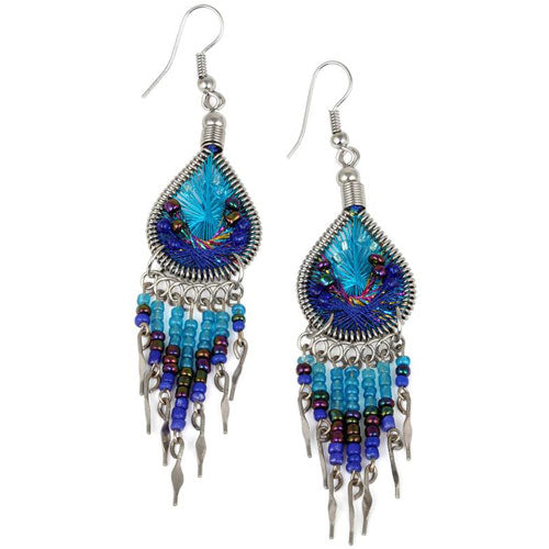 Stainless Steel Peruvian Blue Silk Thread Beaded Dangle Earrings