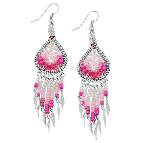 Stainless Steel Peruvian Pink Silk Thread Beaded Dangle Earrings