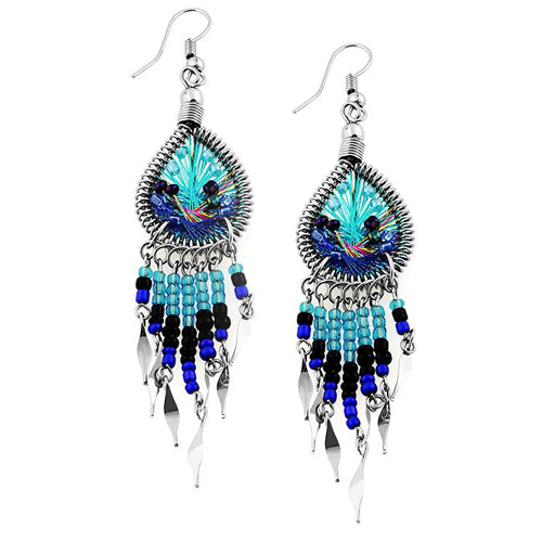 Stainless Steel Peruvian Turquoise & Blue Silk Thread Beaded Dangle Earrings