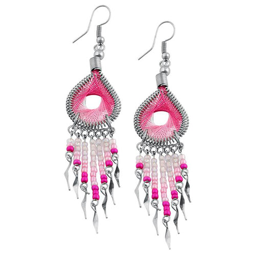Stainless Steel Peruvian Pink Silk Thread Beaded Dangle Earrings