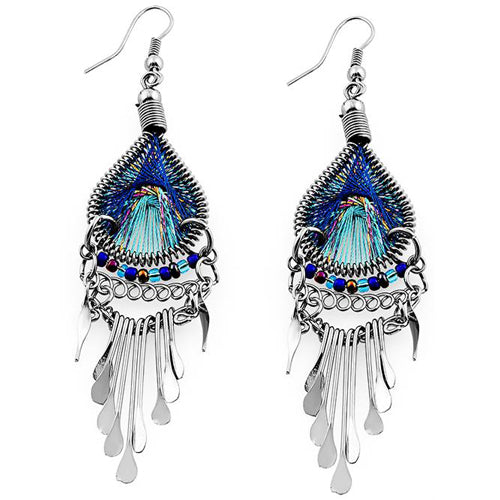 Stainless Steel Peruvian Turquoise & Blue Silk Thread Dangle Earrings