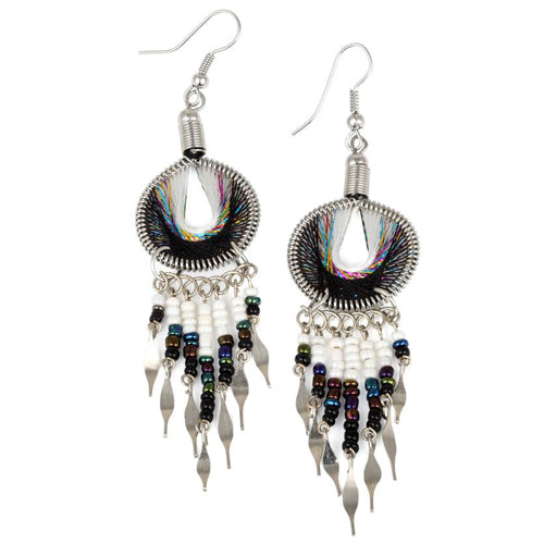 Stainless Steel Peruvian Black & White Silk Thread Beaded Dangle Earrings