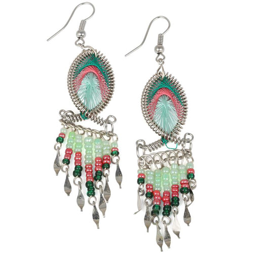 Stainless Steel Peruvian Green & Coral Pink Silk Thread Beaded Dangle Earrings