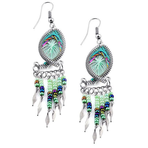 Stainless Steel Peruvian Green Silk Thread Beaded Fish Dangle Earrings