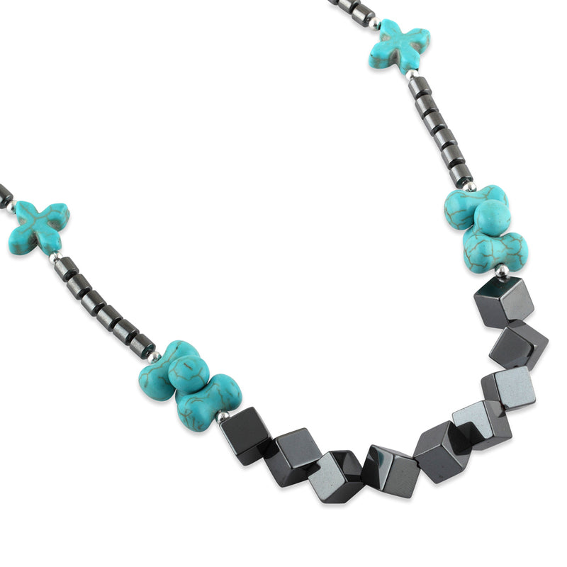 18" Turquoise Stones Hematite Cubes Necklace