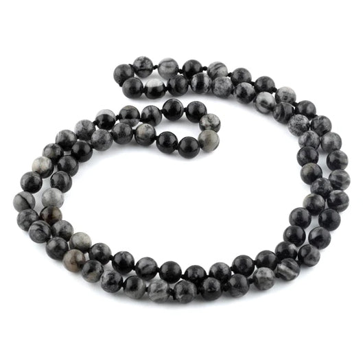 32" 8mm Black Picasso Jasper Round Gemstone Bead Necklace