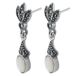 Sterling Silver Leaves Drop Oval Mother of Pearl Marcasite Earrings