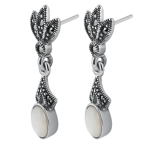 Sterling Silver Leaves Drop Oval Mother of Pearl Marcasite Earrings