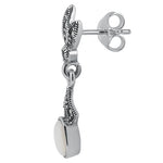 Sterling Silver Leaves Drop Oval Mother of Pearl Marcasite Earrings