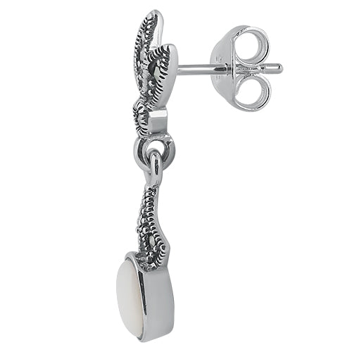 Sterling Silver Leaves Drop Oval Mother of Pearl Marcasite Earrings