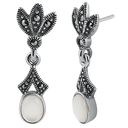 Sterling Silver Leaves Drop Oval Mother of Pearl Marcasite Earrings