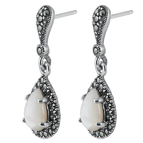 Sterling Silver Tear Drop Mother of Pearl Marcasite Earrings