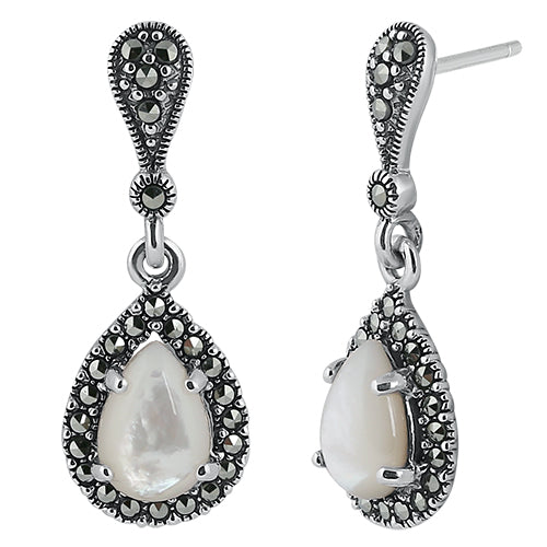 Sterling Silver Tear Drop Mother of Pearl Marcasite Earrings