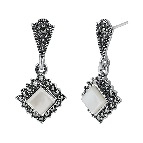 Sterling Silver Square Drop Mother of Pearl Marcasite Earrings