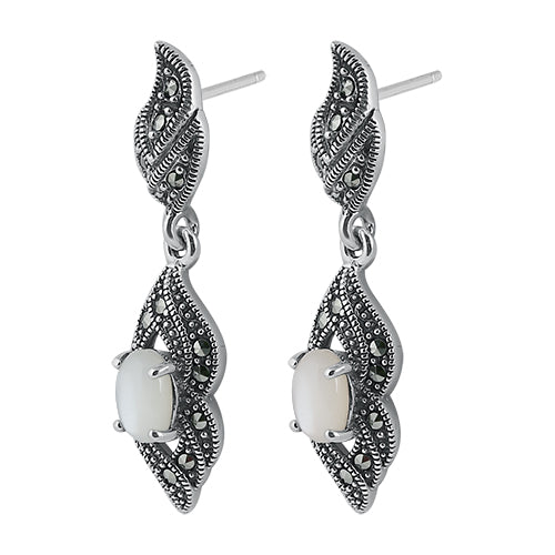 Sterling Silver Fire Oval Mother of Pearl Marcasite Earrings