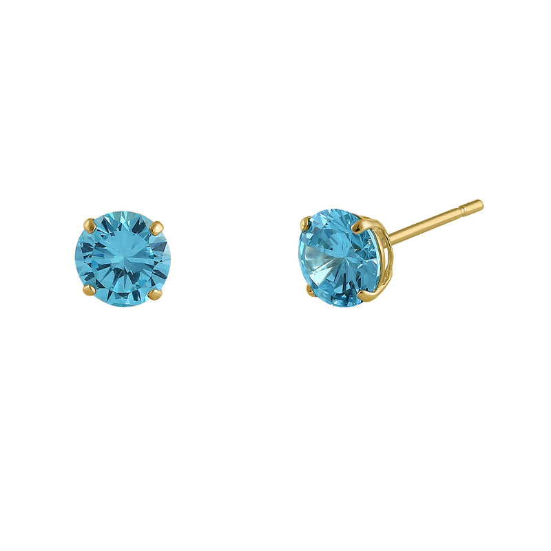 .92 ct Solid 14K Yellow Gold 5mm Round Cut Blue Topaz CZ Earrings