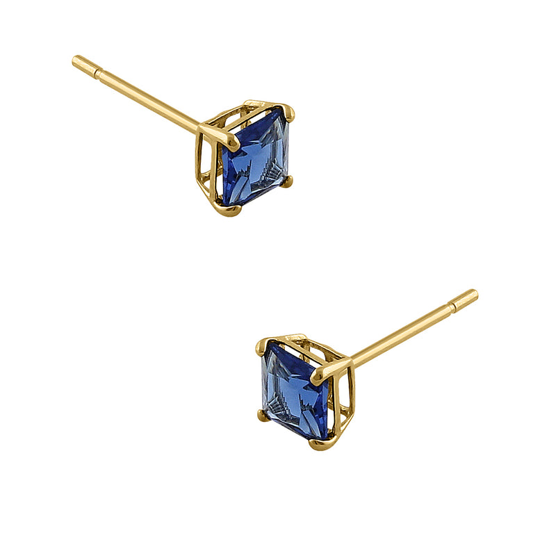 .78 ct Solid 14K Yellow Gold 4mm Princess Cut Blue Sapphire CZ Earrings