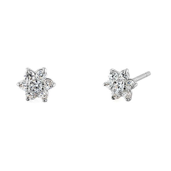 Solid 14K White Gold Dainty Flower Clear CZ Earrings