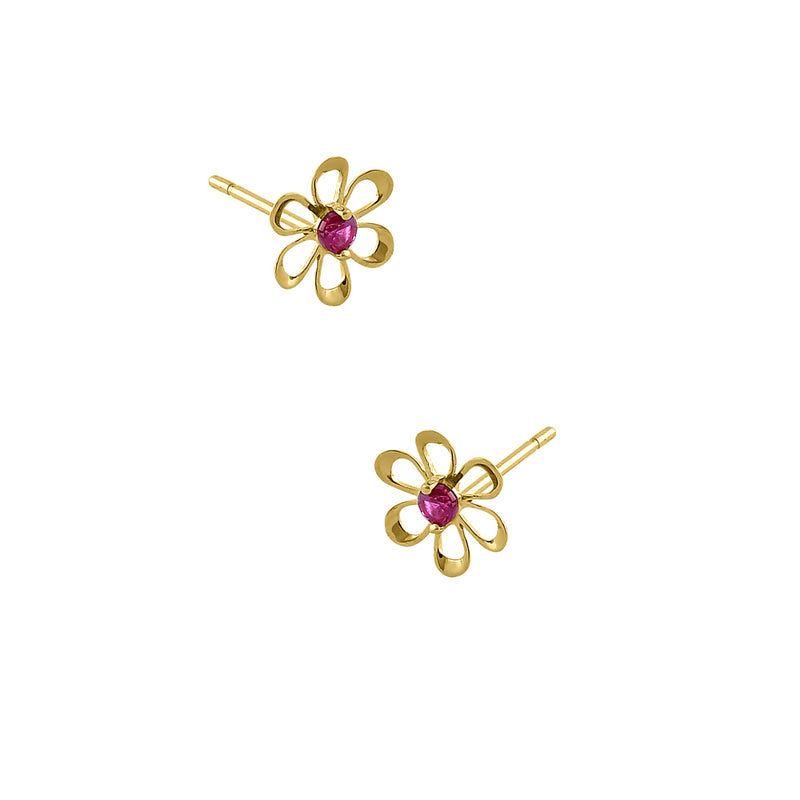 Solid 14K Yellow Gold Retro Flower Ruby CZ Earrings