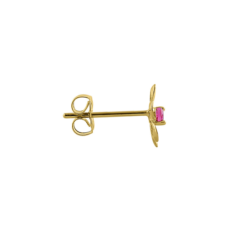 Solid 14K Yellow Gold Retro Flower Ruby CZ Earrings