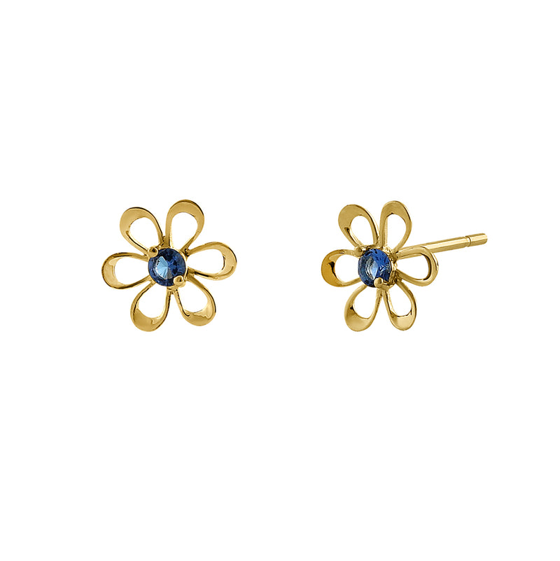 Solid 14K Yellow Gold Retro Flower Blue Sapphire CZ Earrings