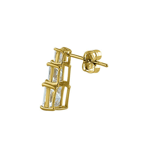 Solid 14K Yellow Gold Triple Princess CZ Earrings