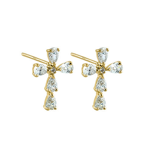 Solid 14K Yellow Gold Drop CZ Cross Earrings