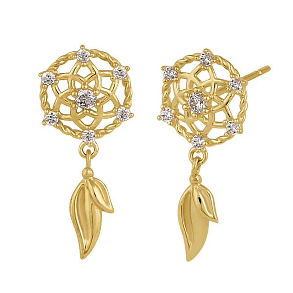 Solid 14K Gold Dreamcathcer with Clear CZ Earrings