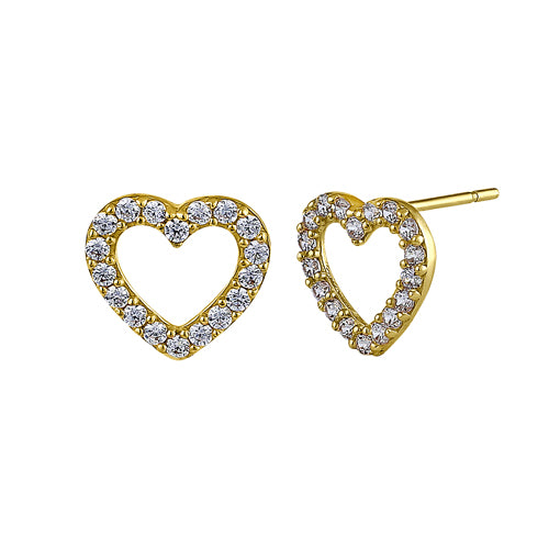 Solid 14K Yellow Gold Heart Clear Round CZ Earrings