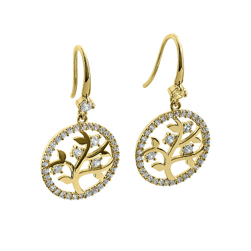 Solid 14K Yellow Gold Tree of Life CZ Earrings