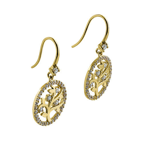 Solid 14K Yellow Gold Tree of Life CZ Earrings