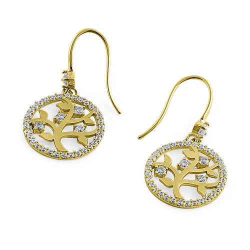 Solid 14K Yellow Gold Tree of Life CZ Earrings