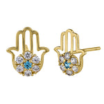 Solid 14K Yellow Gold Hamsa Blue Topaz & Clear Round CZ Earrings