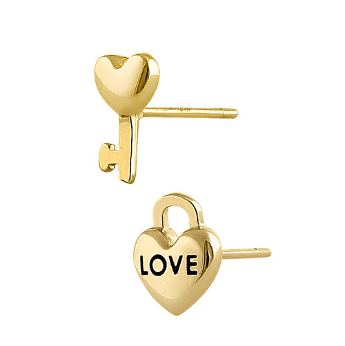 Solid 14K Yellow Gold Key To My Heart Earrings