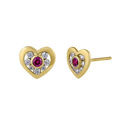 Solid 14K Yellow Gold Heart Ruby & Clear Round CZ Earrings